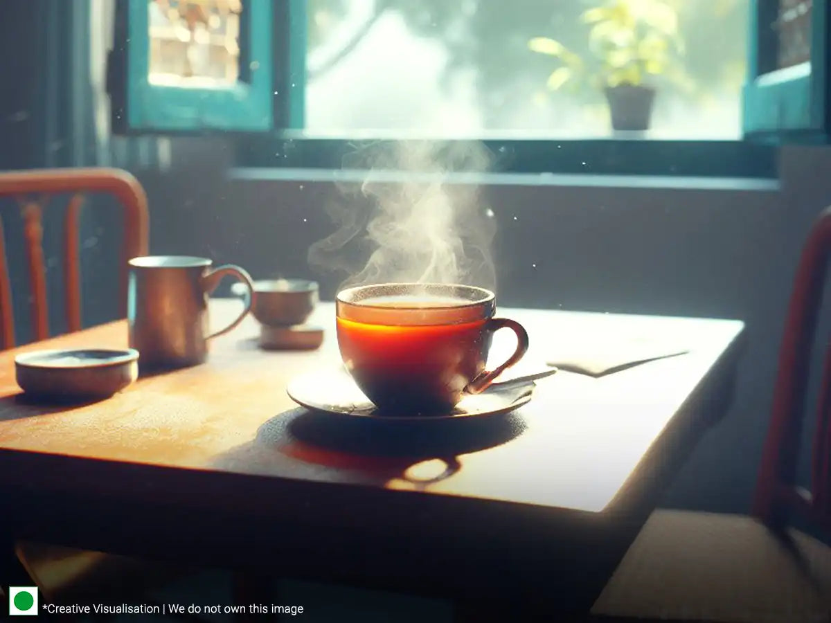 A cup of tea placed on a table and open windows