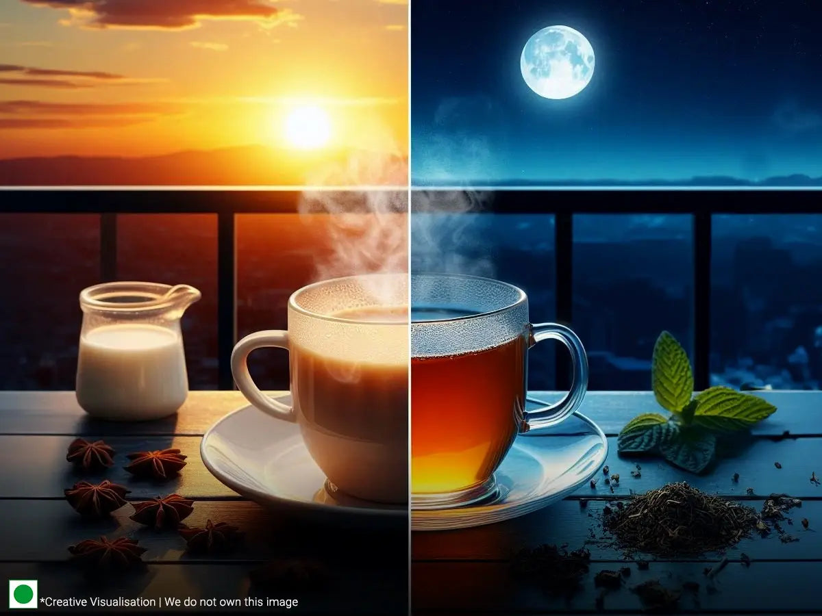 A cup of tea lying on the table on the balcony in the morning and night