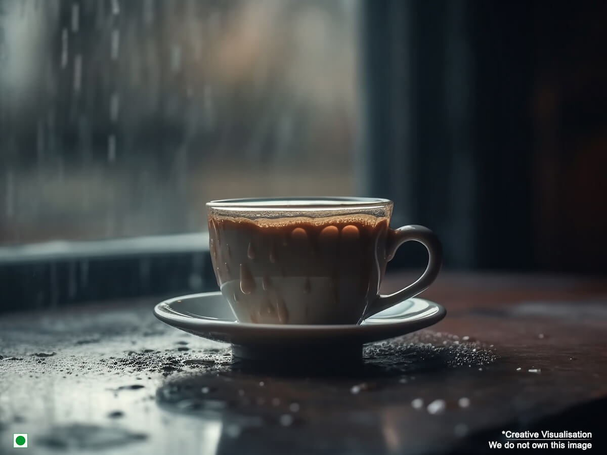 An image of a cup filled with tea on a rainy day.