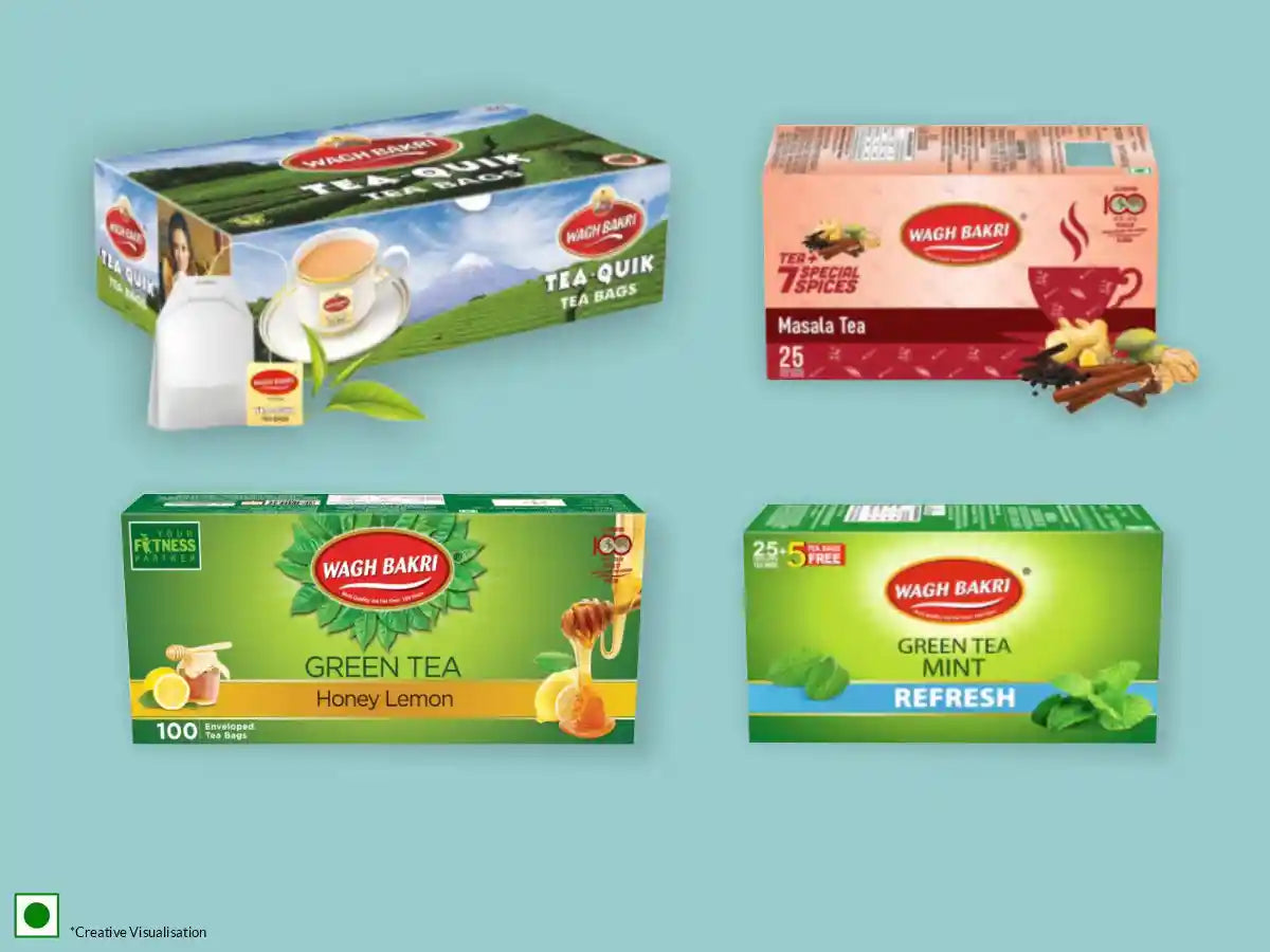  Collage of different flavours of tea bag boxes